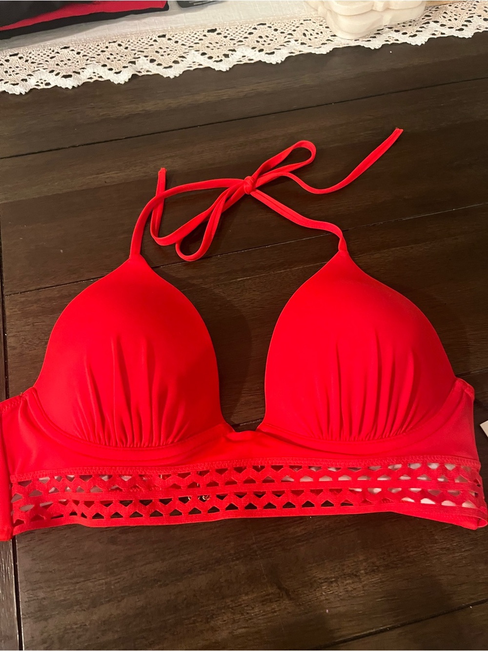 Red Women's Halter Bikini Top with Laser-Cut Band